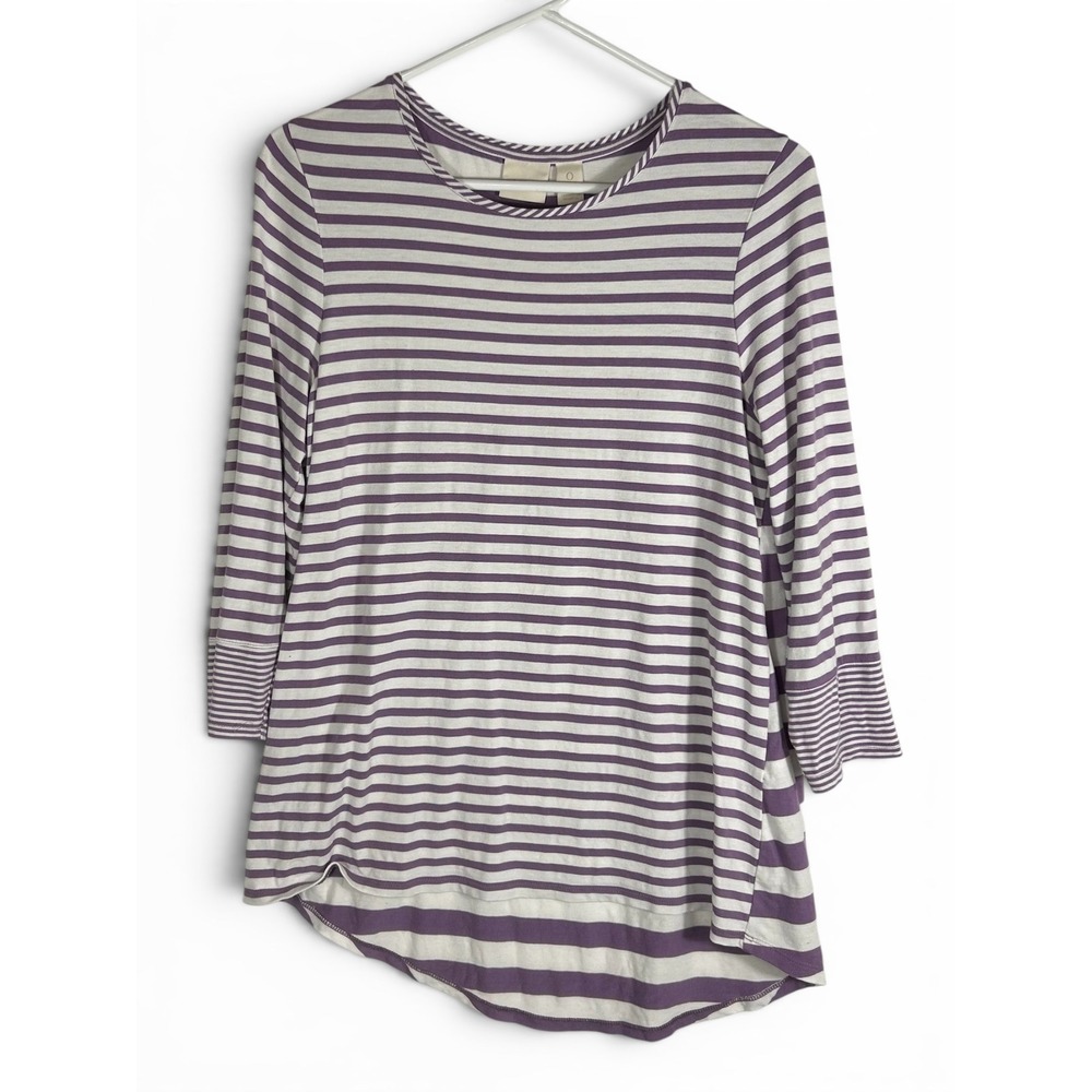 Chicos Purple White Striped 3/4 Sleeve High-Low Top Size 0 Small Rayon Stretch